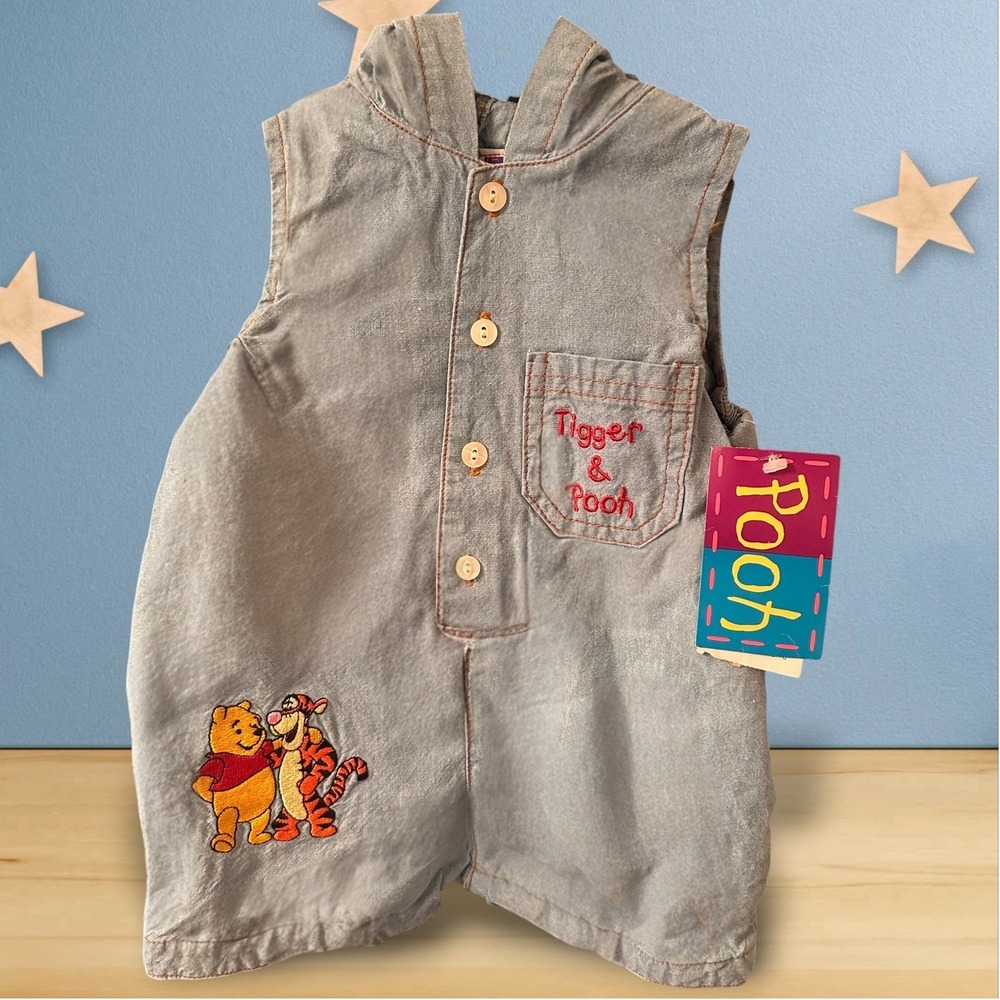 RARE HTF Winnie the Pooh Romper 9M Blue‎ NWT Vintage 90s Hooded Denim Tigger